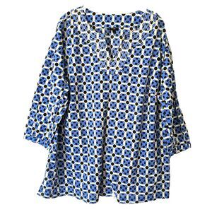 Talbots Top 3X Blue White Yellow Popover Tunic 100% Cotton Coastal Beachy Boho